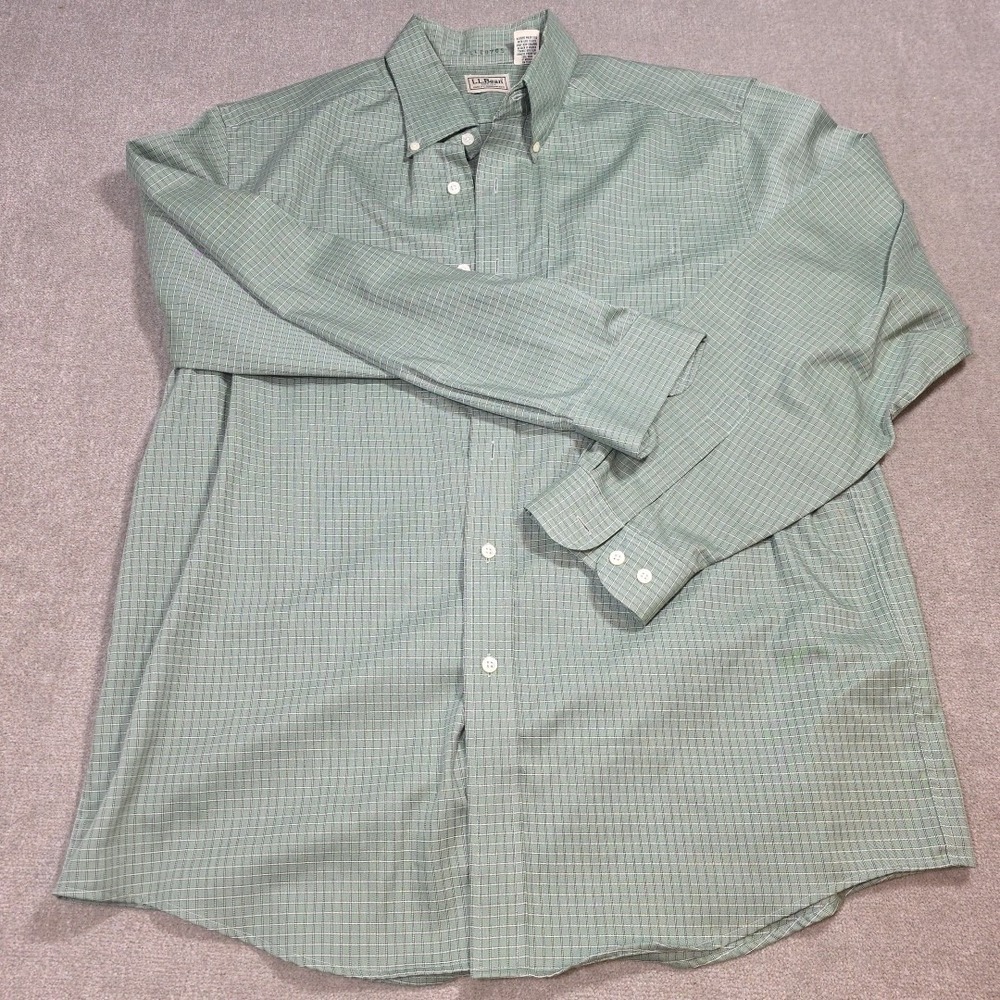 L.L. Bean Men's Large Reg 100% Cotton Green Plaid Button Down Shirt Long Sleeve
